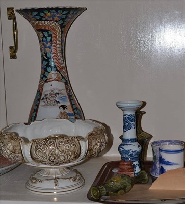 Lot 127 - Large Japanese vase, two metal vases, assorted photographs, seals, etc