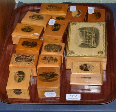 Lot 132 - A collection of Mauchline ware comprising: fourteen various boxes with hinged or lift-off...