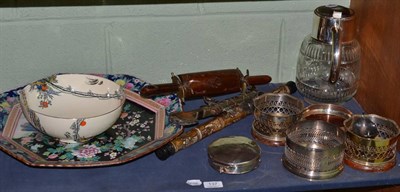 Lot 137 - A Japanese charger, cut glass plate jug, silver box, plated coasters etc