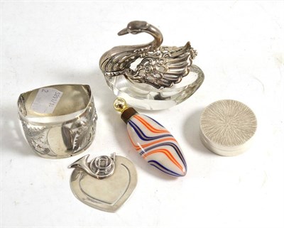Lot 155 - A paper clip stamped '925', swan with white metal mounts stamped '925', trinket box, scent...