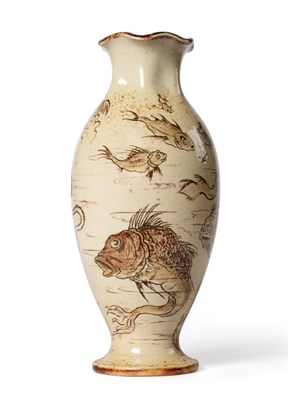 Lot 584 - A Martin Brothers Stoneware Vase, swollen form with fluted rim, incised with anthropomorphic...