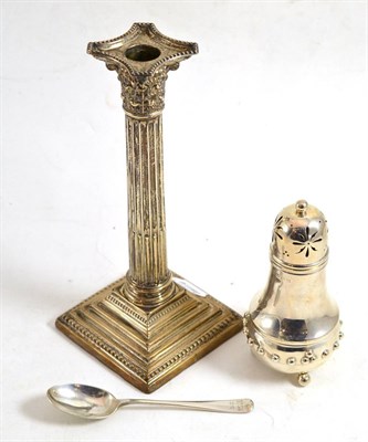 Lot 160 - A Corinthian silver candlestick, silver sugar sifter and a silver spoon