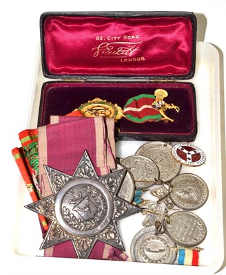 Lot 172 - A quantity of medals, cap badge 'Egypt', cased enamel 'Order of Foresters' medal, silver star...