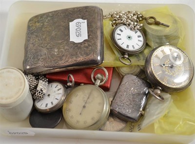 Lot 173 - A silver pocket watch, two fob watches, silver cigarette case, silver vesta and coins