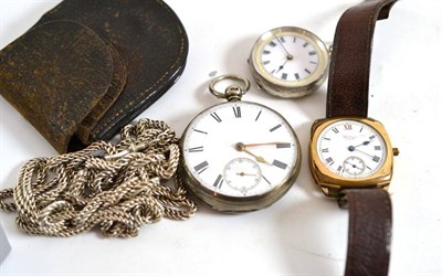 Lot 177 - A lady's fob watch stamped '925', silver pocket watch, white metal chain and a gold plated...