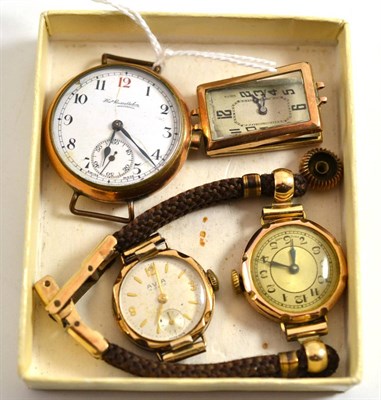 Lot 183 - Three lady's 9ct gold wristwatches and a plated Thos Russell wristwatch