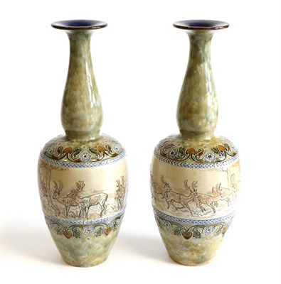 Lot 588 - A Pair of Royal Doulton Stoneware Vases, by Hannah Barlow, scraffito decorated with a...