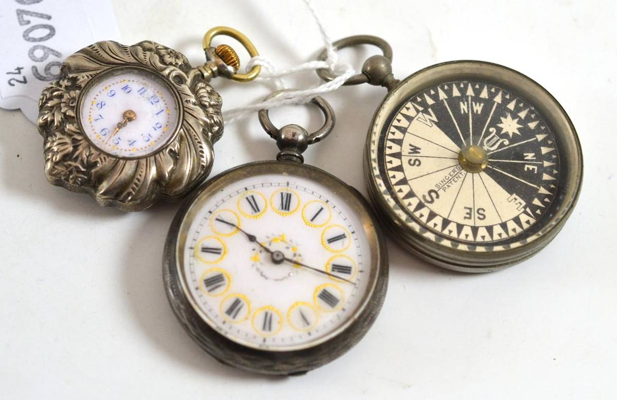 Lot 225 - A lady's floral fob watch, case stamped '0.800', fob watch and a nickel plated compass
