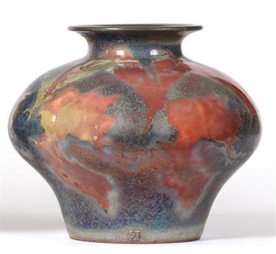 Lot 611 - Sutton Taylor (Yorkshire, b.1943): An Earthenware Lustre Vase, wheel thrown, in deep pink, blue and