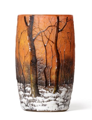 Lot 618 - A Daum Nancy Enamelled Cameo Winter Landscape Vase, decorated with a continuous scene of trees...