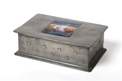 Lot 639 - A Liberty & Co Pewter and Enamel Jewellery Box, Model No.078, of rectangular form, the hinged...