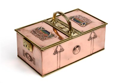 Lot 640 - An Austrian Secessionist Brass and Copper Cigarette Box, with two locking compartments, both...