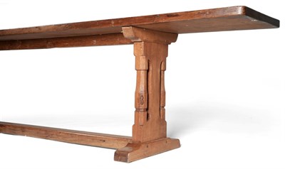 Lot 642 - Mouseman: A Pair of Robert Thompson English Oak 18ft Refectory Tables, dowelled two plank tops,...