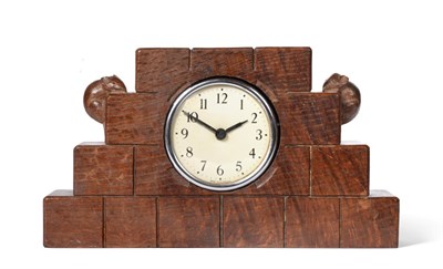 Lot 651 - Mouseman: A Robert Thompson English Oak Mantel Clock, the stepped case simulating bricks,...