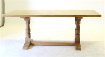 Lot 666 - Mouseman: A Robert Thompson English Oak 6ft Refectory Table, on two octagonal legs joined by a...