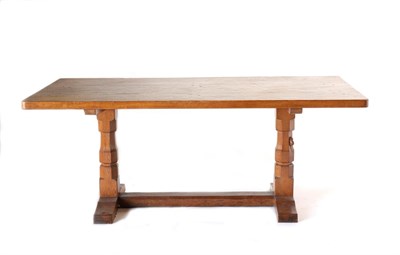 Lot 678 - Mouseman: A Robert Thompson English Oak 6ft Rectangular Dowelled Top Refectory Table, on two carved