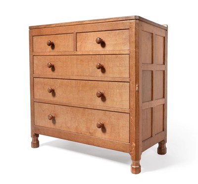 Lot 683 - Mouseman: A Robert Thompson English Oak Chest of Drawers, with raised upstand, above two short over