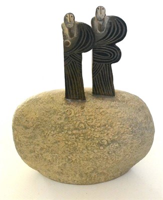Lot 11 - John Maltby (b.1936): A Ceramic Sculpture ";Two Wind Blown Figures";, with impressed potter's...
