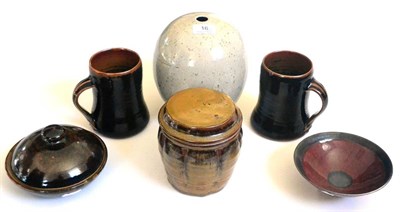 Lot 16 - A John Leach stoneware vase, an Eddie and Margaret Curtis bowl, a stoneware jar and cover, possibly