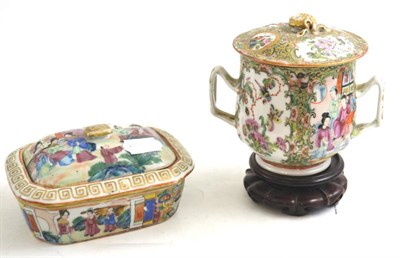Lot 49 - A 19th century Canton famille rose soap dish and twin handled covered cup of similar date