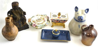 Lot 54 - A tray of assorted ceramics and a Ming style carving