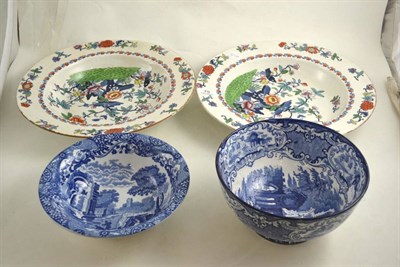 Lot 79 - Pair of large famille rose style pottery deep dishes and two pieces of blue and white