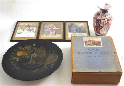 Lot 81 - GWR jigsaw puzzle, two prints after Cecil Aldin, an Imari vase and a Japanese lacquer dish