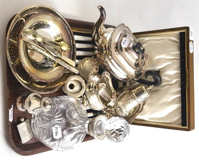 Lot 89 - A quantity of silver and silver plate including a silver collared decanter, silver spoon,...