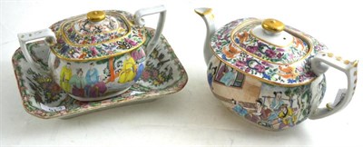 Lot 91 - Canton 19th century teapot and cover, sucrier and cover and a later Canton dish