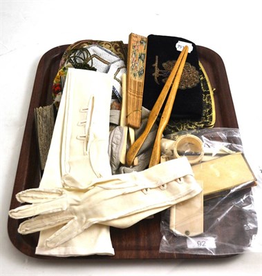 Lot 92 - A quantity of assorted handbags, gloves, early 20th century ivory notepad etc