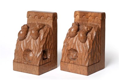 Lot 692 - Mouseman: A Pair of Robert Thompson English Oak Triple Mice Bookends, each end carved with...