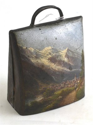 Lot 105 - A Swiss cow bell with painted Swiss Alp scene