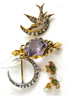 Lot 134 - An amethyst brooch, a pair of 9ct gold earrings and two paste brooches
