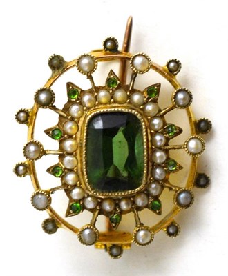 Lot 145 - A green tourmaline, seed pearl and demantoid garnet cluster brooch, stamped '9ct'