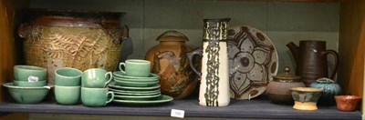 Lot 166 - A quantity of studio pottery including a CH Brannam tea set, earthenware jardiniere, bowls etc (9)