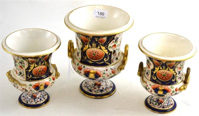 Lot 186 - Garniture of three Bloor Derby Imari decorated vases (3)