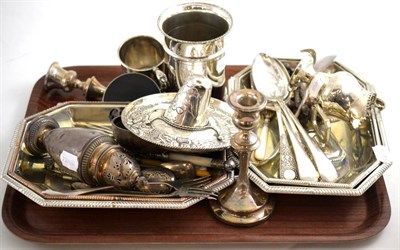 Lot 196 - A collection of silver and plate including a sugar caster, quaich, Dutch hat, Christening mug,...