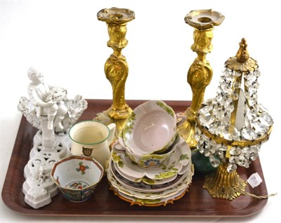 Lot 199 - Meissen blanc de chine figural sweet meat dish, pair of gilt metal candlesticks, Cantagalli teacups