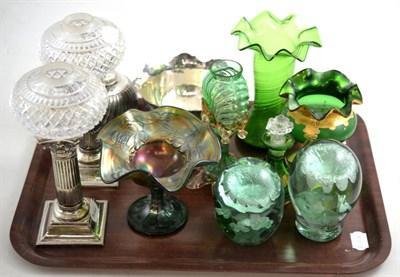 Lot 202 - Two Victorian green glass dumps, coloured glassware, pair of plated table candlesticks with cut...