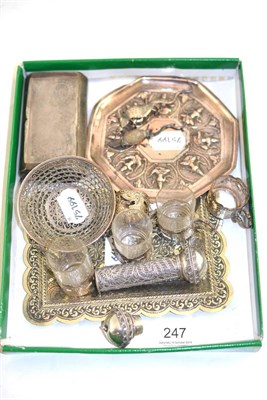 Lot 247 - A quantity of Indian and other silver including a snuff box, a scroll case, a basket, a tray, a...