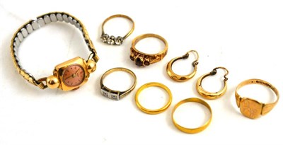 Lot 249 - An 18ct gold mounted lady's wristwatch, two 22ct gold wedding bands, 9ct gold dress rings and a...