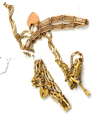 Lot 250 - A 9ct gold pendant of a witch on a broomstick on a gold chain, together with two gate link...