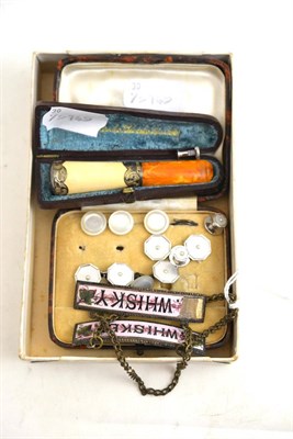 Lot 252 - Two enamel spirit labels, silver mounted cheroot holder in fitted case and 9ct white gold cufflinks