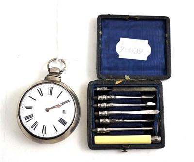 Lot 261 - A pair cased pocket watch and an early 20th century set of six ivory carving implements with handle