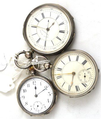 Lot 262 - A silver chronograph pocket watch, retailed by J.W. Reeley & Sons, silver open faced pocket...