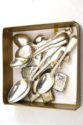 Lot 263 - Seven Georgian silver spoons, assorted silver and plated vestas, a pill box, plated caddy spoon and