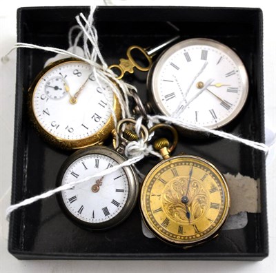 Lot 266 - Four fob watches, cases stamped '18K', '9K', '0.935' and a plated case (4)