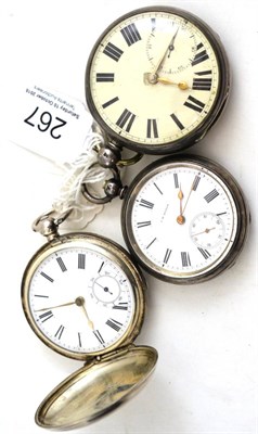 Lot 267 - A silver full hunter pocket watch, signed Waltham and two open faced silver pocket watches...