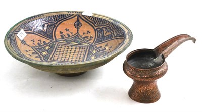 Lot 279 - A 19th century Moroccan Savi bowl and a 19th century copper pouring vessel