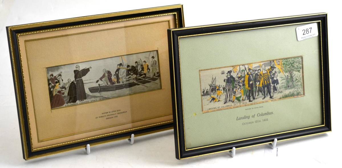 Lot 287 - Two stevengraphs, ";Columbus Leaving Spain"; and ";Landing of Columbus";, framed and glazed